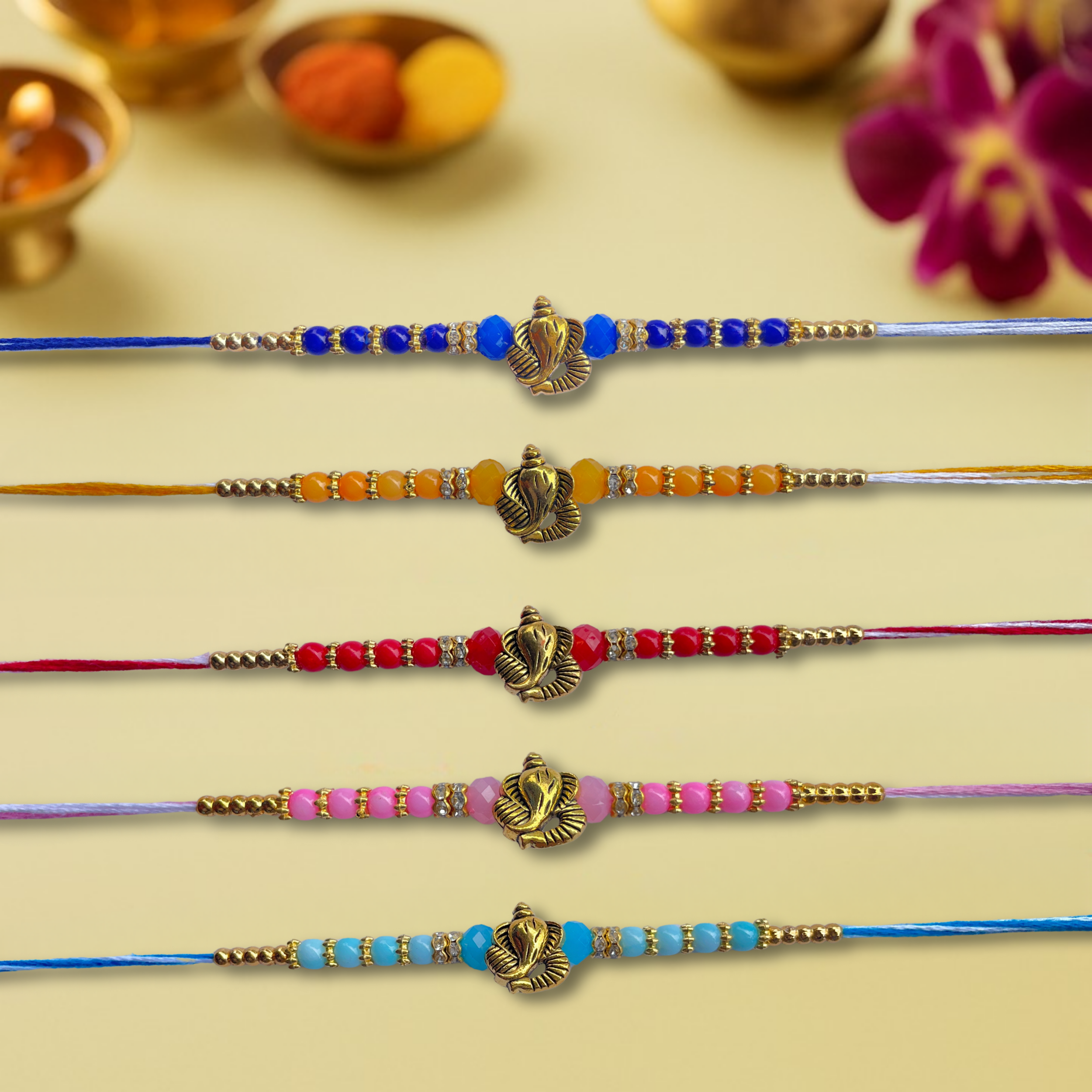 Set of 5 Ganesh Bead Colorful Rakhis for Brother