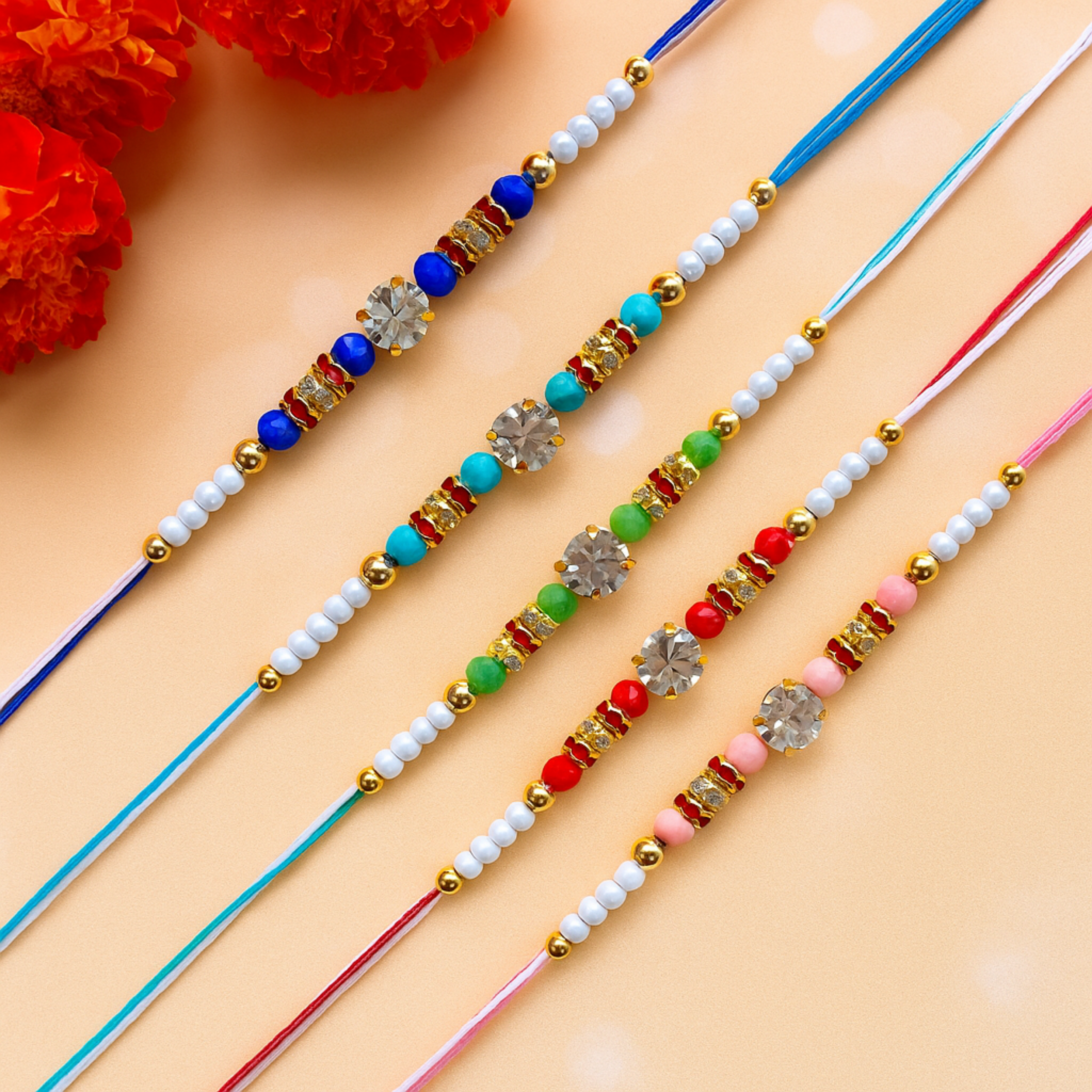 Set of 5 Color Bead Vibrant Rakhis for Brother