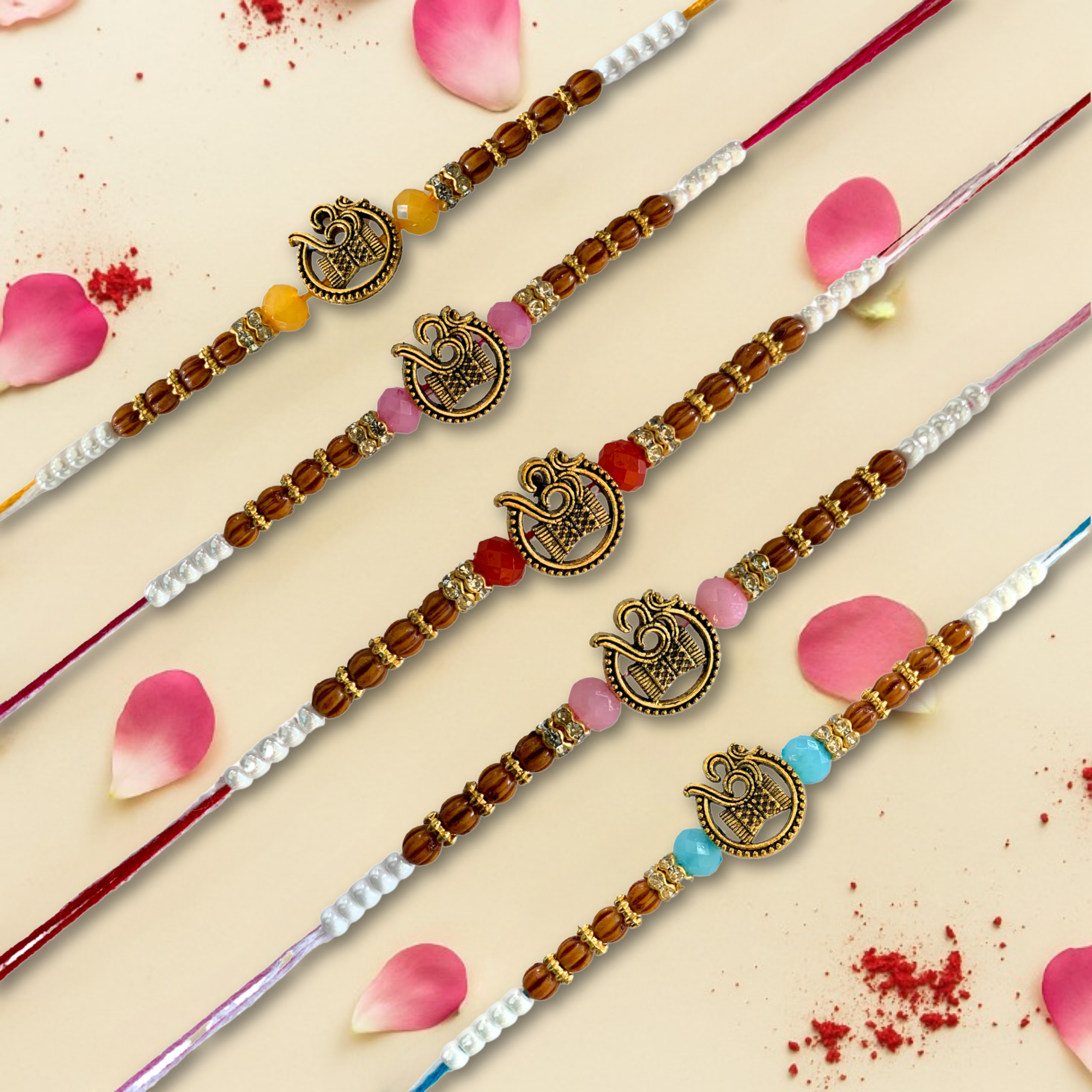 Set of 5 Om Beaded Designer Rakhi Set for Brothers