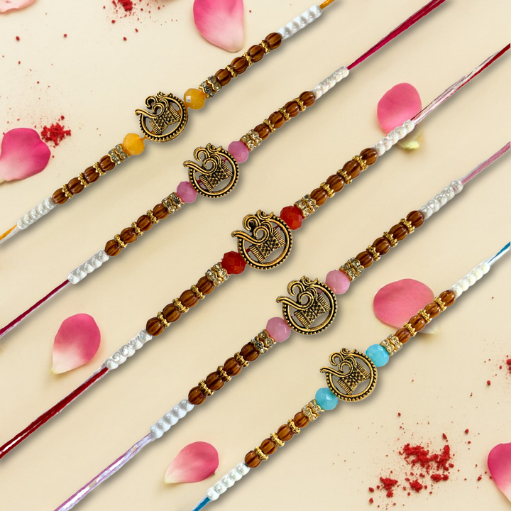 Set of 5 Om Beaded Designer Rakhi Set for Brothers