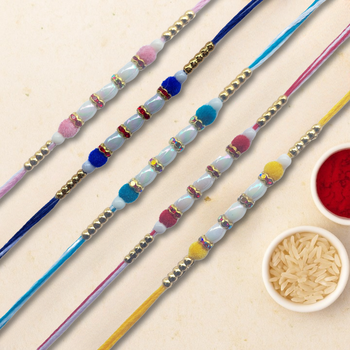 Set of 5 Pearl Shine with Velvet Beads Rakhi Set fro Brothers